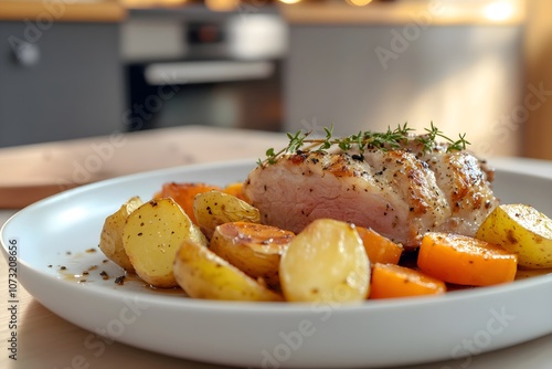 Close-up of a savory rôti de porc, roasted pork loin, with caramelized carrots and roasted potatoes on a modern white plate. Set on a sleek table, the dish is framed by a warm, stylish kitchen photo