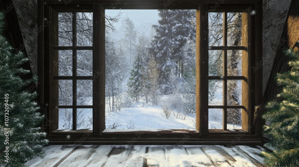 Fototapeta premium A Snowy Winter Landscape Viewed Through a Window in a Wooden Cabin