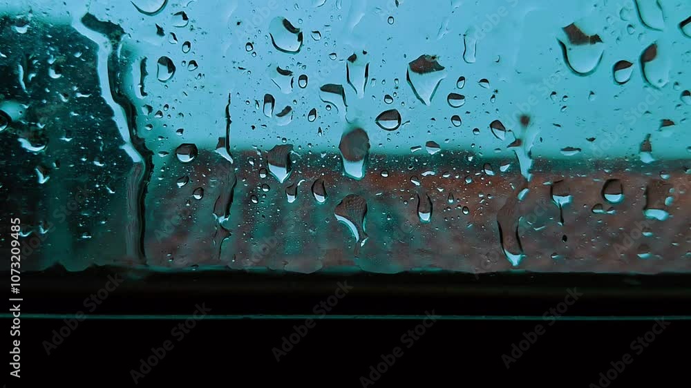 Raindrops flowing on window glass, splash of water creates a beautiful rain scene,sound of raindrops on the window adds to the serene rainy atmosphere. ASMR rain sound with dramatic concept of rain.