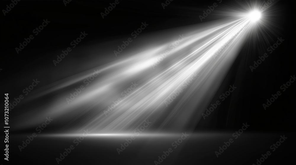 Abstract vector illustration of bright white light rays and flares on a dark black background, creating a striking contrast with glowing beams, sun flares, and radiant effects. This high-quality desig Abstract vector illustration of bright white light rays and flares on a dark black background, creating a striking contrast with glowing beams, sun flares, and radiant effects. This high-quality desig