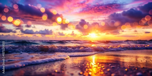 Dreamy Sunset Over a Tranquil Ocean with Soft Bokeh Lights in Foreground, Capturing the Essence of a Peaceful Evening by the Shore, Perfect for Relaxation and Serenity Themes