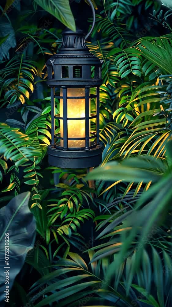 Glowing lantern nestled in lush greenery, tropical ambience. Exotic garden illumination concept Glowing lantern nestled in lush greenery, tropical ambience. Exotic garden illumination concept