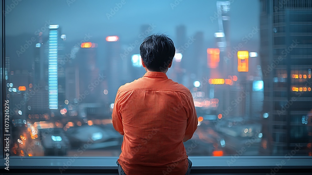 Contemplating the future a person gazes at the city lights from a high-rise window Contemplating the future a person gazes at the city lights from a high-rise window