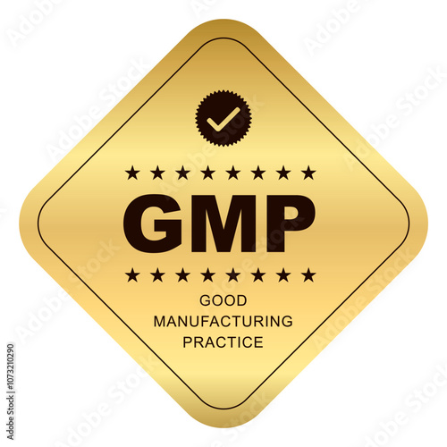 GMP Certified label ,Good Manufacturing Practice Gold Rounded Rectangle shiny sticker Badge with stars, GMP Approved Label, Supplement, Quality Control, Medical And Health Design Element