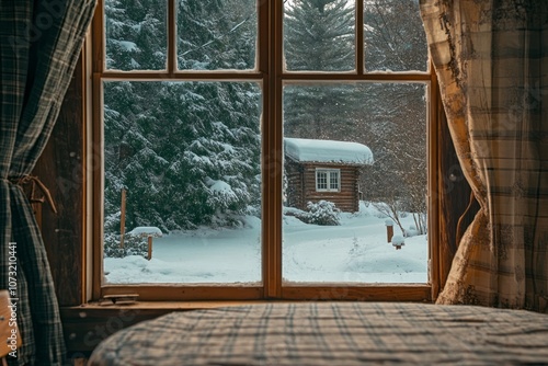 A View of a Snow-Covered Cabin Through a Window