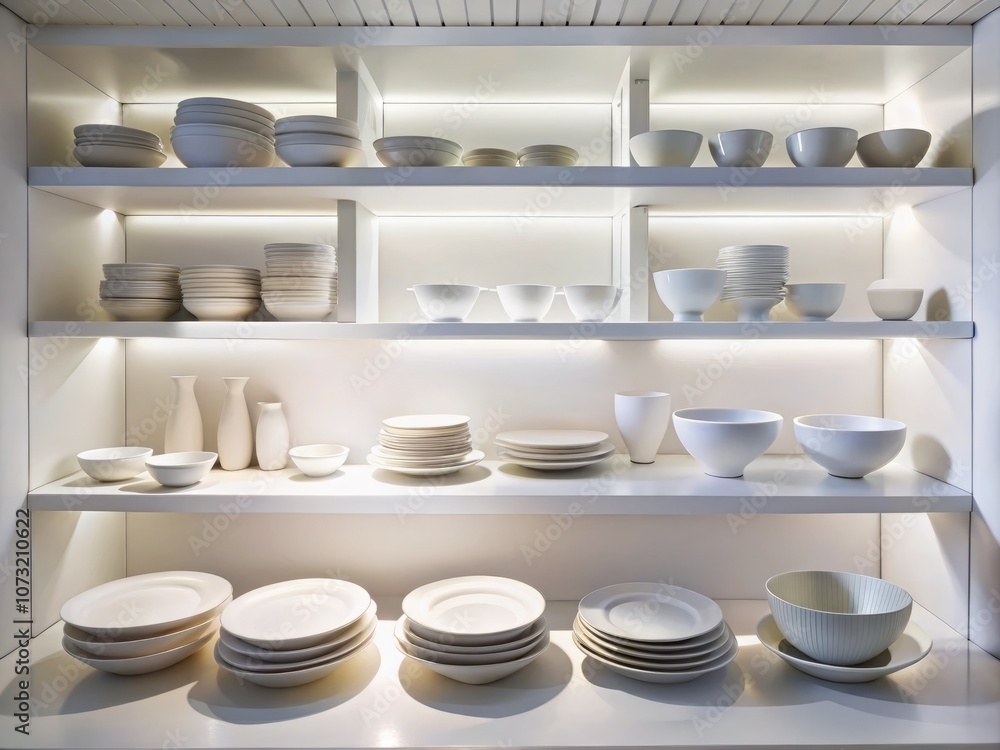 Elegant Long Exposure of White Plates and Bowls Displayed on Minimalist White Shelves in a Modern Kitchen Setting, Perfect for Interior Design and Culinary Themes Elegant Long Exposure of White Plates and Bowls Displayed on Minimalist White Shelves in a Modern Kitchen Setting, Perfect for Interior Design and Culinary Themes