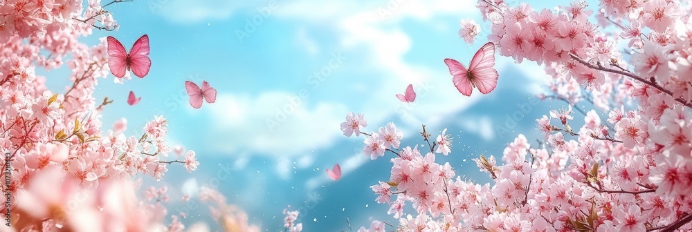 Beautiful Cherry Blossoms in Spring with Butterflies in Soft Blue Sky, Nature Background, Floral Scene, Blossoming Branches, Tranquil and Serene Atmosphere Beautiful Cherry Blossoms in Spring with Butterflies in Soft Blue Sky, Nature Background, Floral Scene, Blossoming Branches, Tranquil and Serene Atmosphere