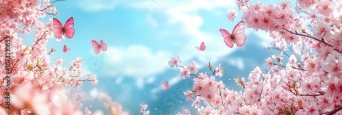 Wallpaper Mural Beautiful Cherry Blossoms in Spring with Butterflies in Soft Blue Sky, Nature Background, Floral Scene, Blossoming Branches, Tranquil and Serene Atmosphere Torontodigital.ca