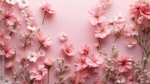 Wallpaper Mural A vibrant arrangement of pink flowers and delicate blossoms on a soft pink background, creating a romantic ambiance. Torontodigital.ca