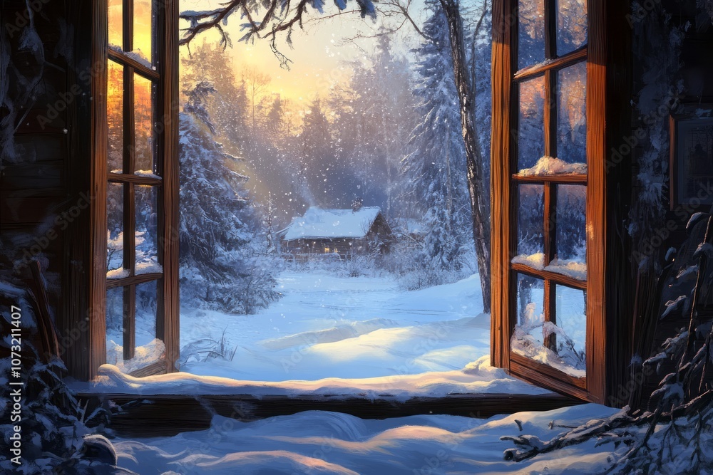 A Snowy Forest Scene Viewed From A Window A Snowy Forest Scene Viewed From A Window