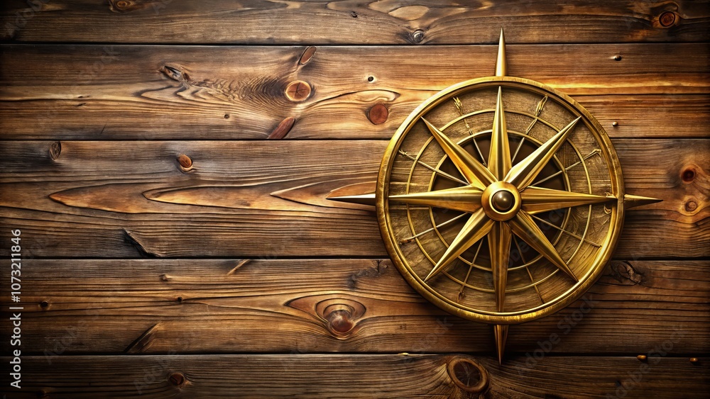 Fototapeta premium Excellent Golden Vintage Compass Rose on a Rustic Wooden Plank Background with Ample Copy Space for Travel Themes, Adventure Projects, and Nautical Designs