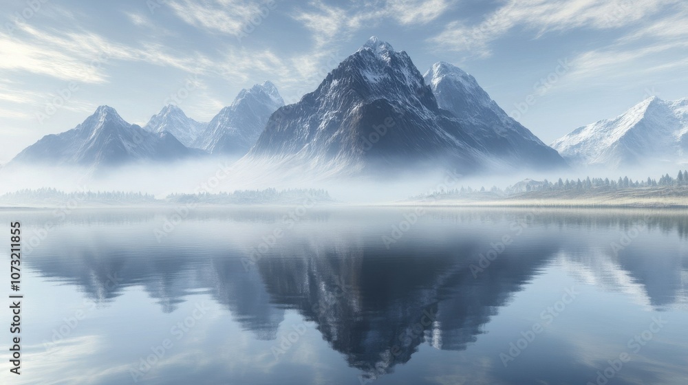 Serene winter landscape with majestic snow-capped mountains reflecting in a calm, icy lake. Serene winter landscape with majestic snow-capped mountains reflecting in a calm, icy lake.