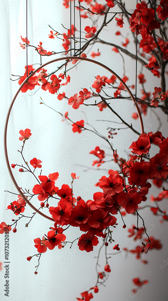 Background should be white, like in a studio, and hoops with red floral arrangements should hang from the ceiling. Background should be white, like in a studio, and hoops with red floral arrangements should hang from the ceiling.