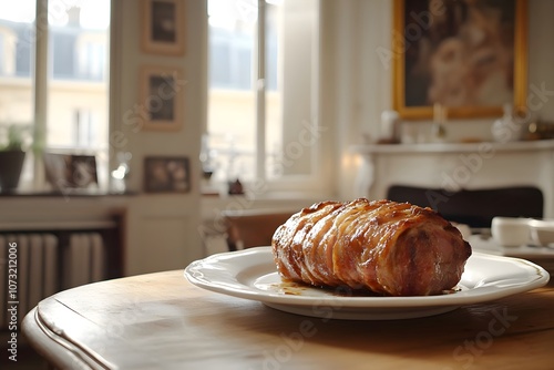 Close-up of roasted pork loin, rôti de porc, on a white platter on a classic wooden table, set in an elegant Parisian dining room with tall windows, herringbone floors, and refined décor photo