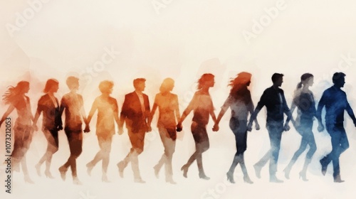 Illustration of diverse group people walking in line, holding hands