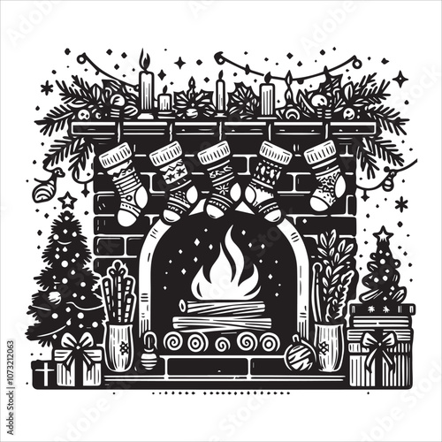 Cozy Christmas Fireplace Scene with Stockings and Gifts. This black and white illustration captures the warm spirit of Christmas with a decorated fireplace, hanging stockings, a crackling fire.