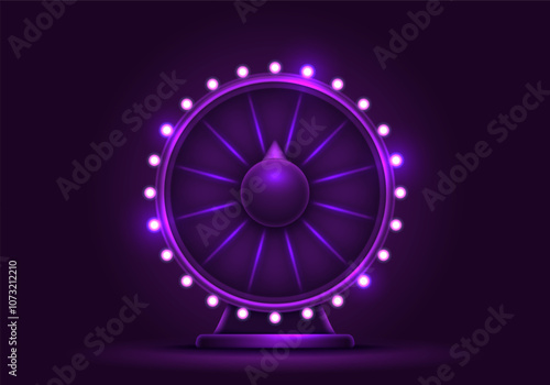 Neon wheel of fortune. Spinning lucky roulette on a dark background. Vector template for your design.