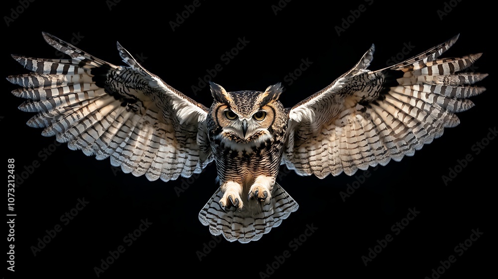 Fototapeta premium A great horned owl in mid-flight, captured in a dramatic black and white photograph.