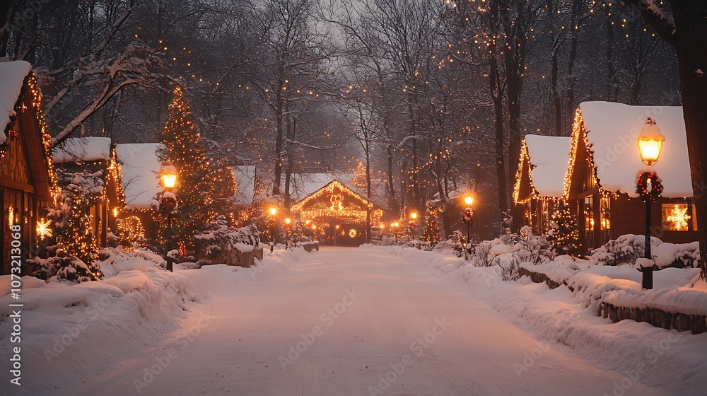A snowy, magical Christmas village street, lit up with twinkling lights and adorned with festive decorations. A snowy, magical Christmas village street, lit up with twinkling lights and adorned with festive decorations.