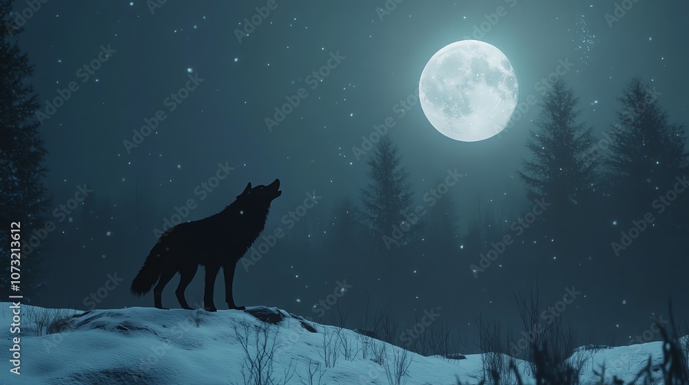 A lone wolf howls at the full moon in a snowy forest. A lone wolf howls at the full moon in a snowy forest.