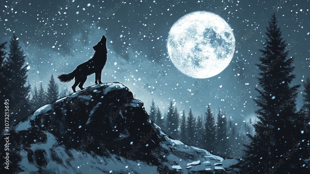 A lone wolf howls at the full moon in a snowy forest. A lone wolf howls at the full moon in a snowy forest.