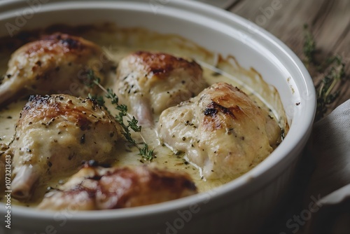 Close-up of lapin à la moutarde in a white dish on a wooden table, with rabbit in creamy mustard sauce, garnished with thyme. Rustic table and soft light add charm photo