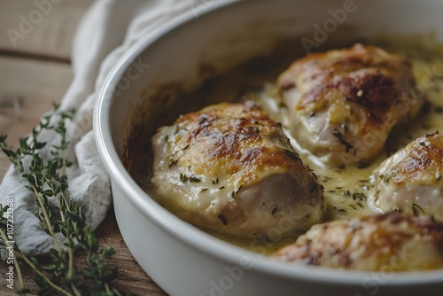 Close-up of lapin à la moutarde in a white dish on a wooden table, with rabbit in creamy mustard sauce, garnished with thyme. Rustic table and soft light add charm photo