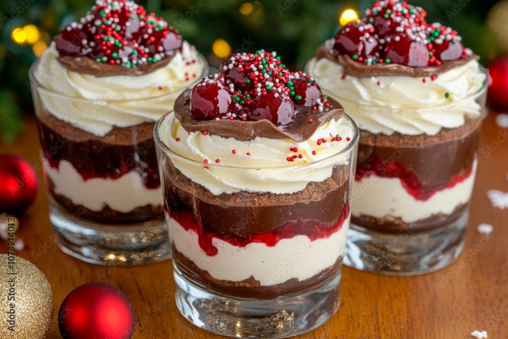 Delicious winter dessert trifle in glass cups layered with cream and cherries for festive holiday celebrations Delicious winter dessert trifle in glass cups layered with cream and cherries for festive holiday celebrations