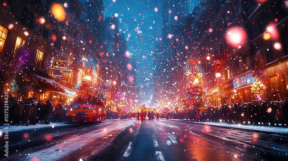 A snowy city street at night, illuminated by festive lights, with people walking and a bus driving through the street. A snowy city street at night, illuminated by festive lights, with people walking and a bus driving through the street.