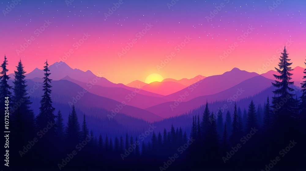 A serene sunset over mountains, with silhouettes of evergreen trees creating a tranquil and colorful landscape.