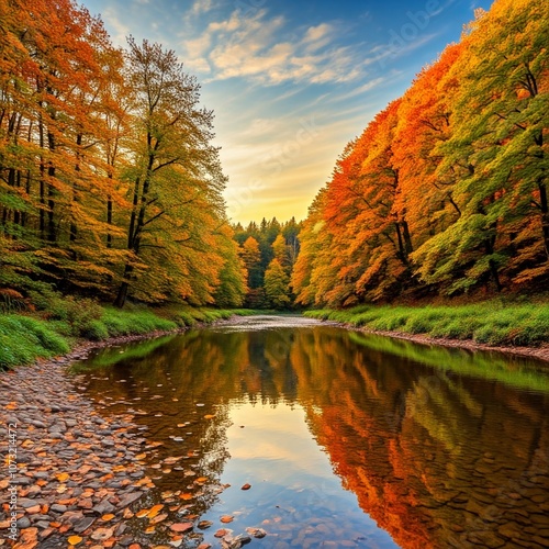 Peaceful forest lake in autumn sunset with a river. Ai generated