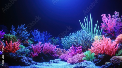 Vibrant underwater scene showcasing colorful coral reefs in various shapes and sizes, illuminated by soft blue light.