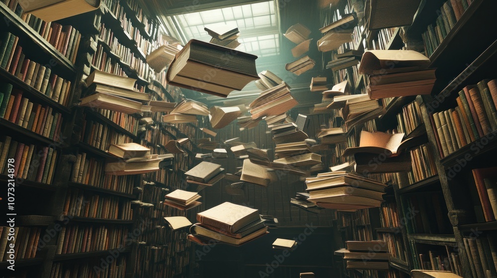 Obraz premium Books Flying Through Library