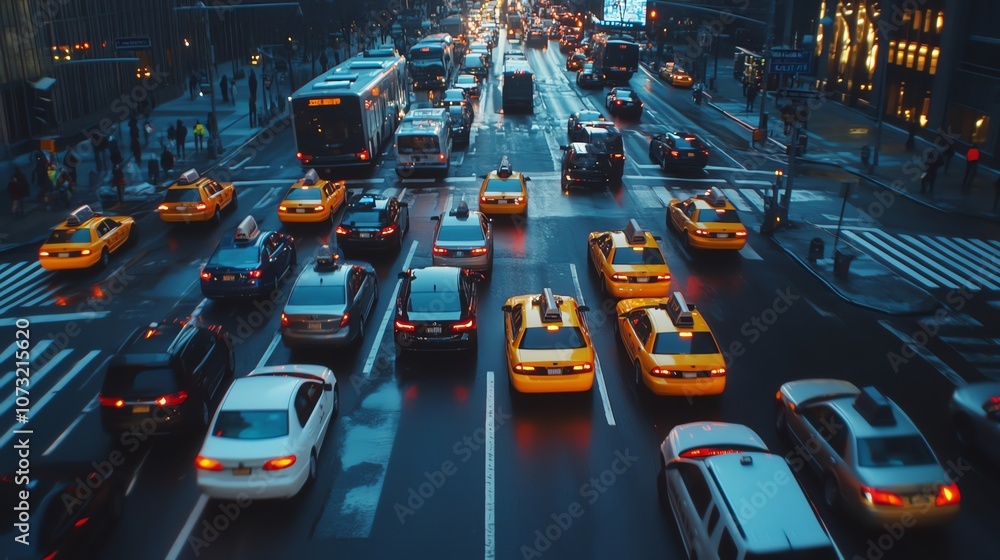 A city street at night with cars and yellow taxis in traffic. A city street at night with cars and yellow taxis in traffic.