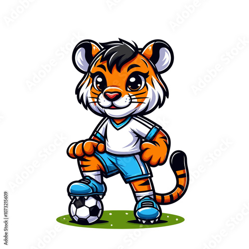 Cute tiger cartoon character mascot. Soccer player. Isolated vector illustration