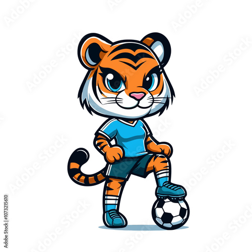 Cute tiger cartoon character mascot. Soccer player. Isolated vector illustration