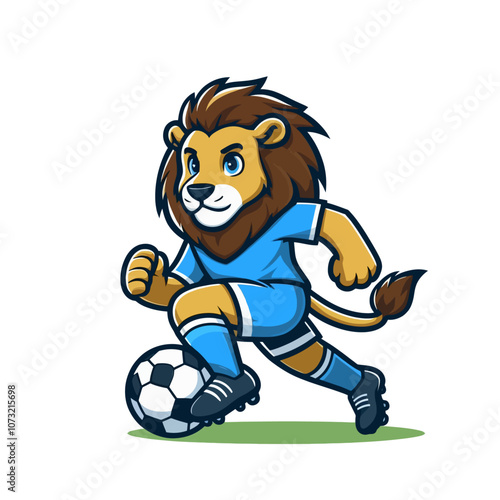 Cute lion cartoon character mascot. Soccer player. Isolated vector illustration