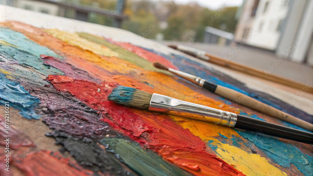 Obraz premium brushes and paints creative journey begins with a single stroke, as seen in this vibrant palette and brush ready for the artist’s touch.