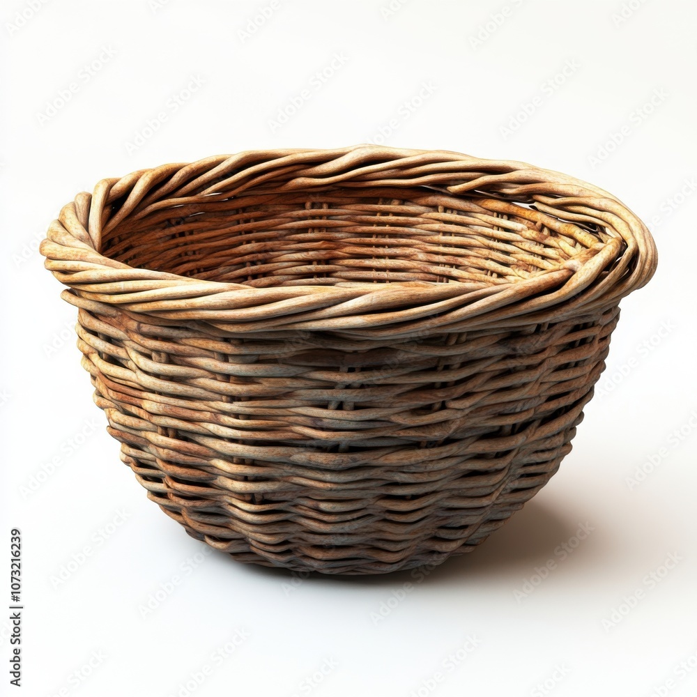 A woven wicker basket with a round, open shape, showcasing intricate craftsmanship and natural materials. A woven wicker basket with a round, open shape, showcasing intricate craftsmanship and natural materials.