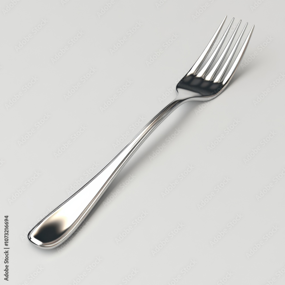 A shiny stainless steel fork rests on a light background, showcasing its sleek design and functional tines. A shiny stainless steel fork rests on a light background, showcasing its sleek design and functional tines.