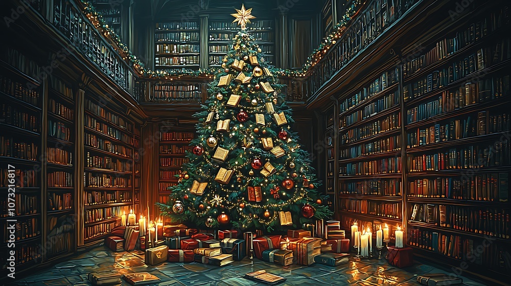 Obraz premium A large Christmas tree decorated with ornaments and presents sits in the center of a grand library filled with bookshelves and lit by candles.
