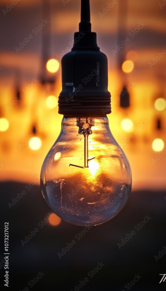 Single Glowing Lightbulb Against a Blurred Sunset Backdrop, Concept of Hope or Inspiration Single Glowing Lightbulb Against a Blurred Sunset Backdrop, Concept of Hope or Inspiration