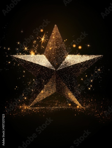 A three-dimensional star made of glittering gold particles glimmers against a dark background during a celebration event