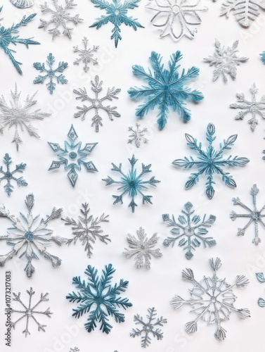 Colorful snowflakes in various patterns and shades spread across a light background during the winter season, showcasing intricate designs