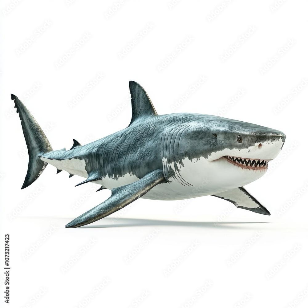 Fototapeta premium A realistic 3D model of a great white shark swimming, showcasing detailed textures and a fierce expression.