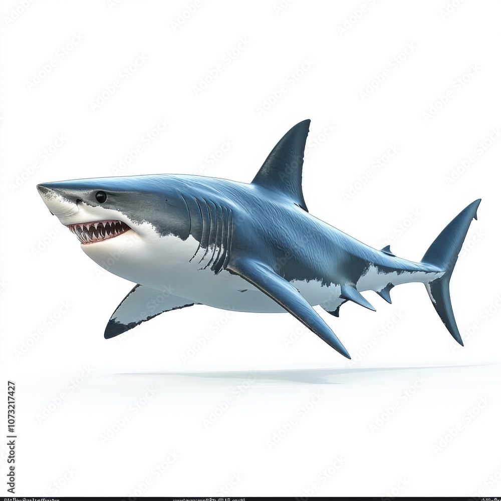 A lifelike depiction of a great white shark, showcasing its powerful body and sharp teeth, swimming in a neutral environment. A lifelike depiction of a great white shark, showcasing its powerful body and sharp teeth, swimming in a neutral environment.