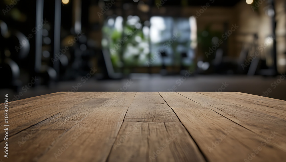 Empty wooden table top with a blurred gym background Empty wooden table top with a blurred gym background