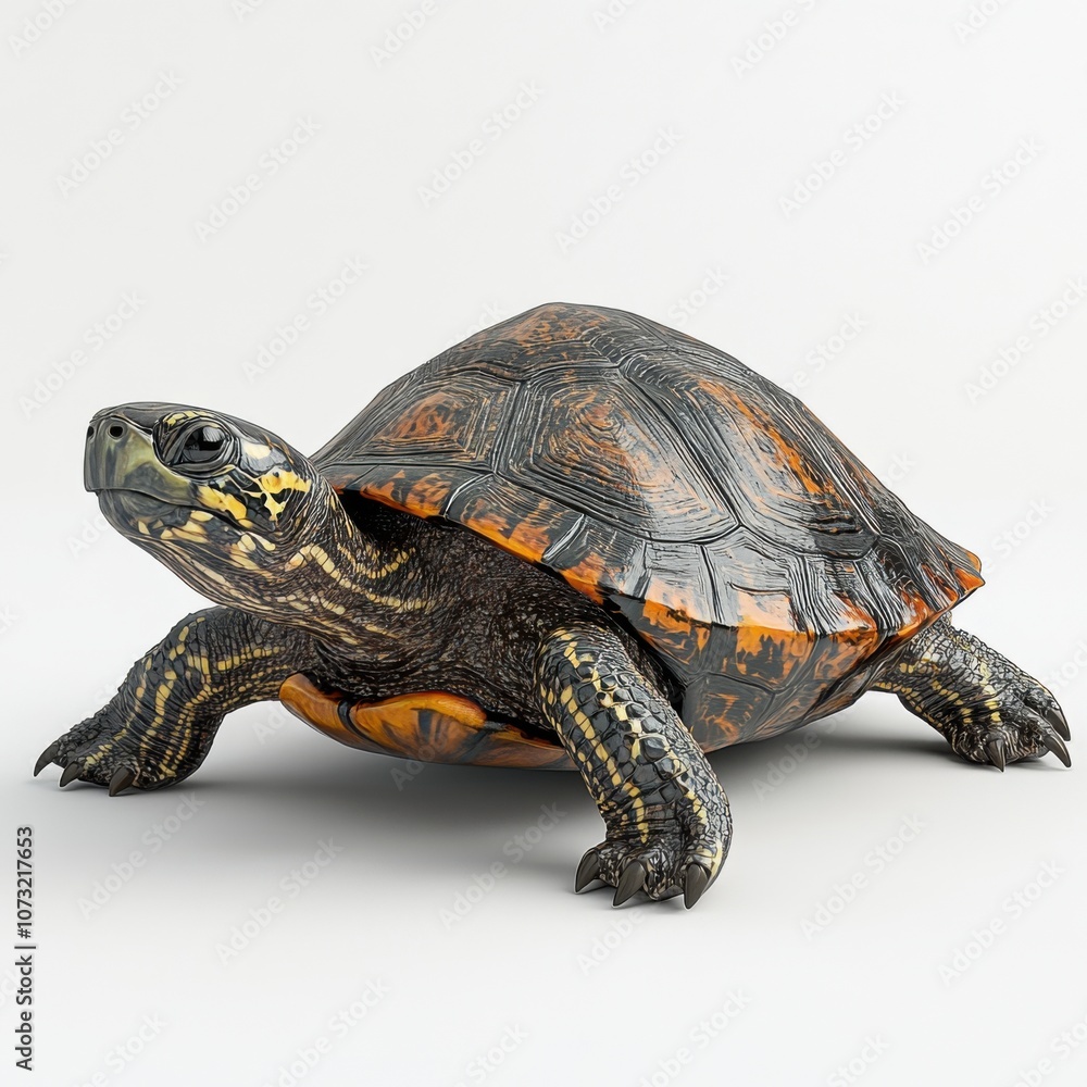Obraz premium A detailed, colorful turtle with a patterned shell, positioned on a light background, showcasing its unique features and vibrant colors.