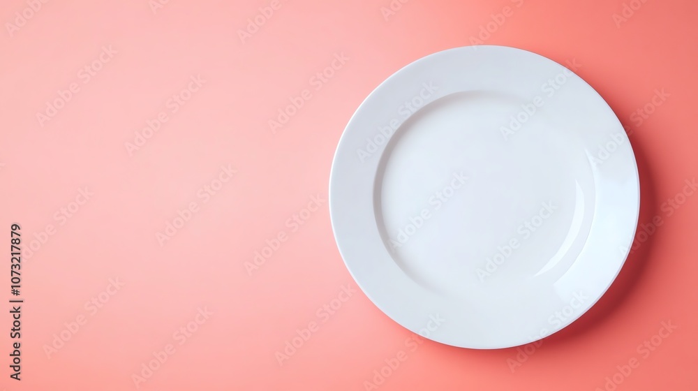 An empty white plate on a pink background. An empty white plate on a pink background.