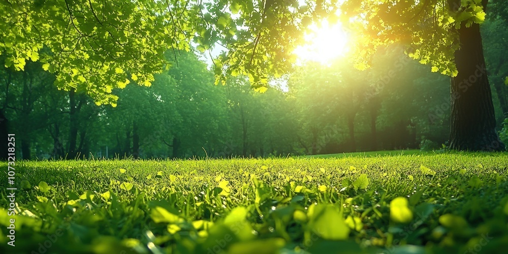 Obraz premium Breathtaking View of a Serene Natural Park in Springtime with Lush Green Grass Illuminated by the Soft Glow of the Morning Sunlight